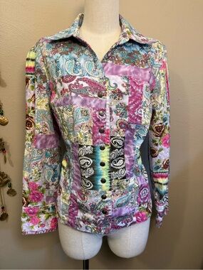 C & Banks Colorful Patchwork Paisley Floral Denim Stretch Snap Eyelet Jacket